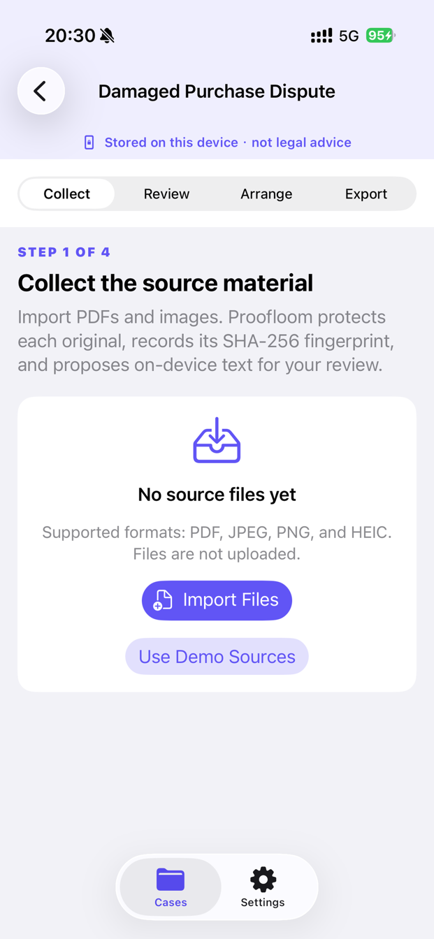 Proofloom Collect screen bringing PDFs, receipts, screenshots, and photos into one case