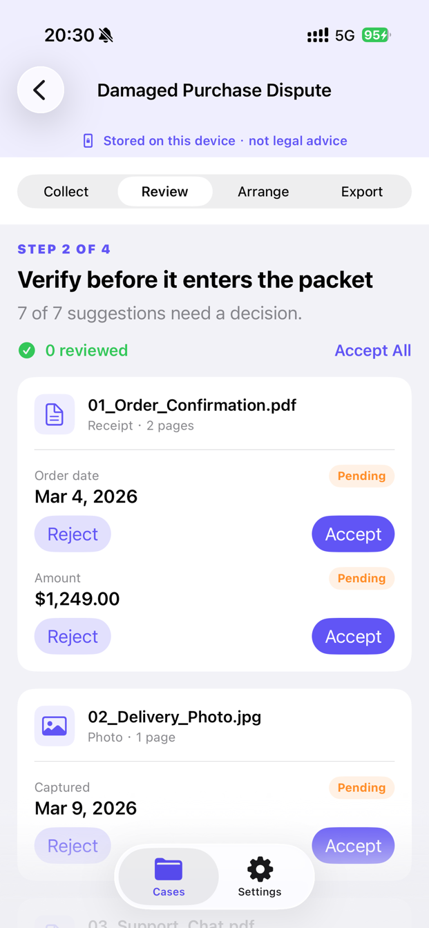 Proofloom Review screen for approving or rejecting on-device recognized text