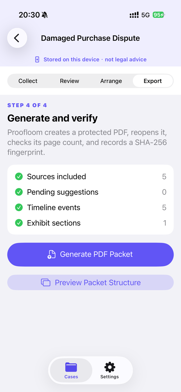 Proofloom Export screen preparing a traceable PDF evidence packet
