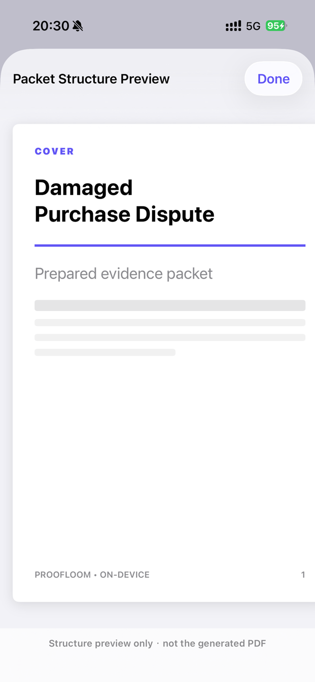 Proofloom preview of a PDF evidence packet with cover, chronology, exhibits, and source register